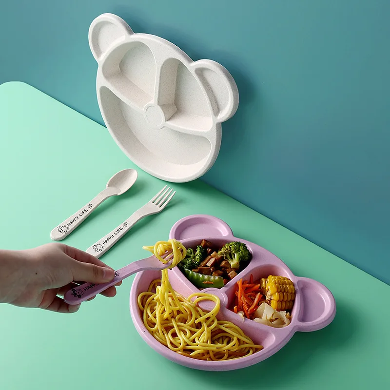 Assiette à dîner à compartiment ours mignon, matériau en paille de blé écologique, sûre et anti-chute, avec cuillère et fourchette