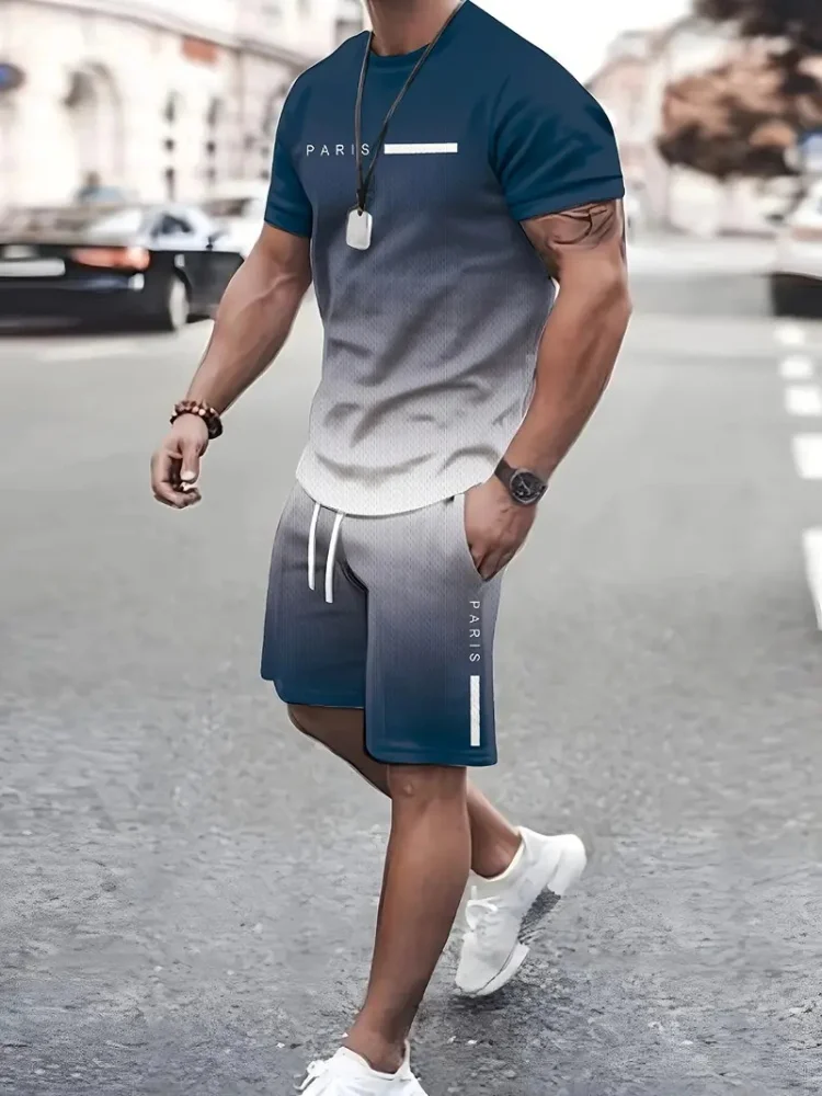 Verão Simples Carta Imprimir Tripulação dos homens Pescoço Top de Manga Curta E Shorts Harajuku Street Moda Terno dos homens Todos os Dias Casual Comfor