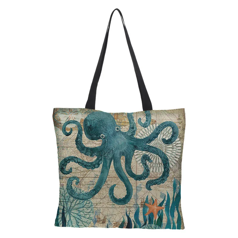 Sac de Shopping grande capacité, fourre-tout à la mode, tortues, hippocampe, baleine, poulpe, Animal, sac à bandoulière unique