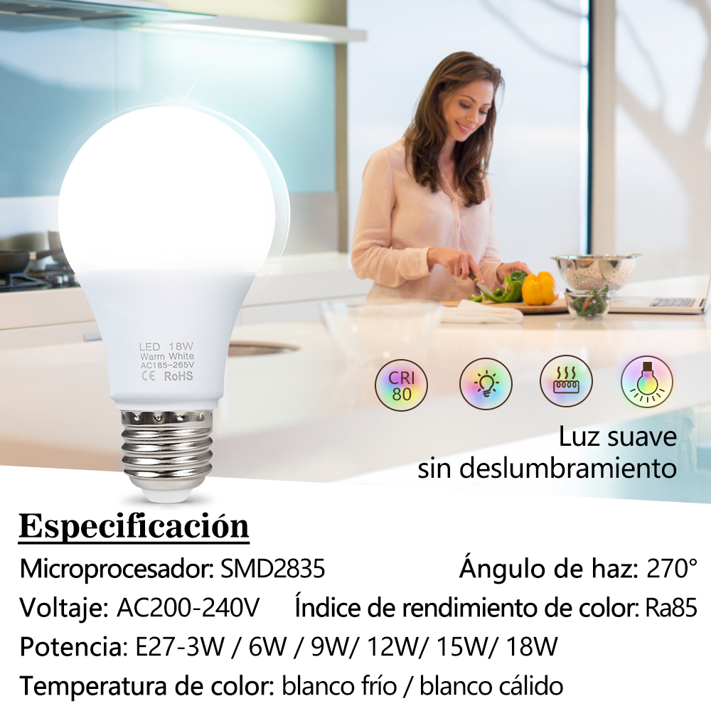 3W 6W 9W 12W 15W 18W Bombillas LED E27 Lampada Bombilla LED AC 220V-240V Smart IC Bombilla de alto brillo foco de lámpara