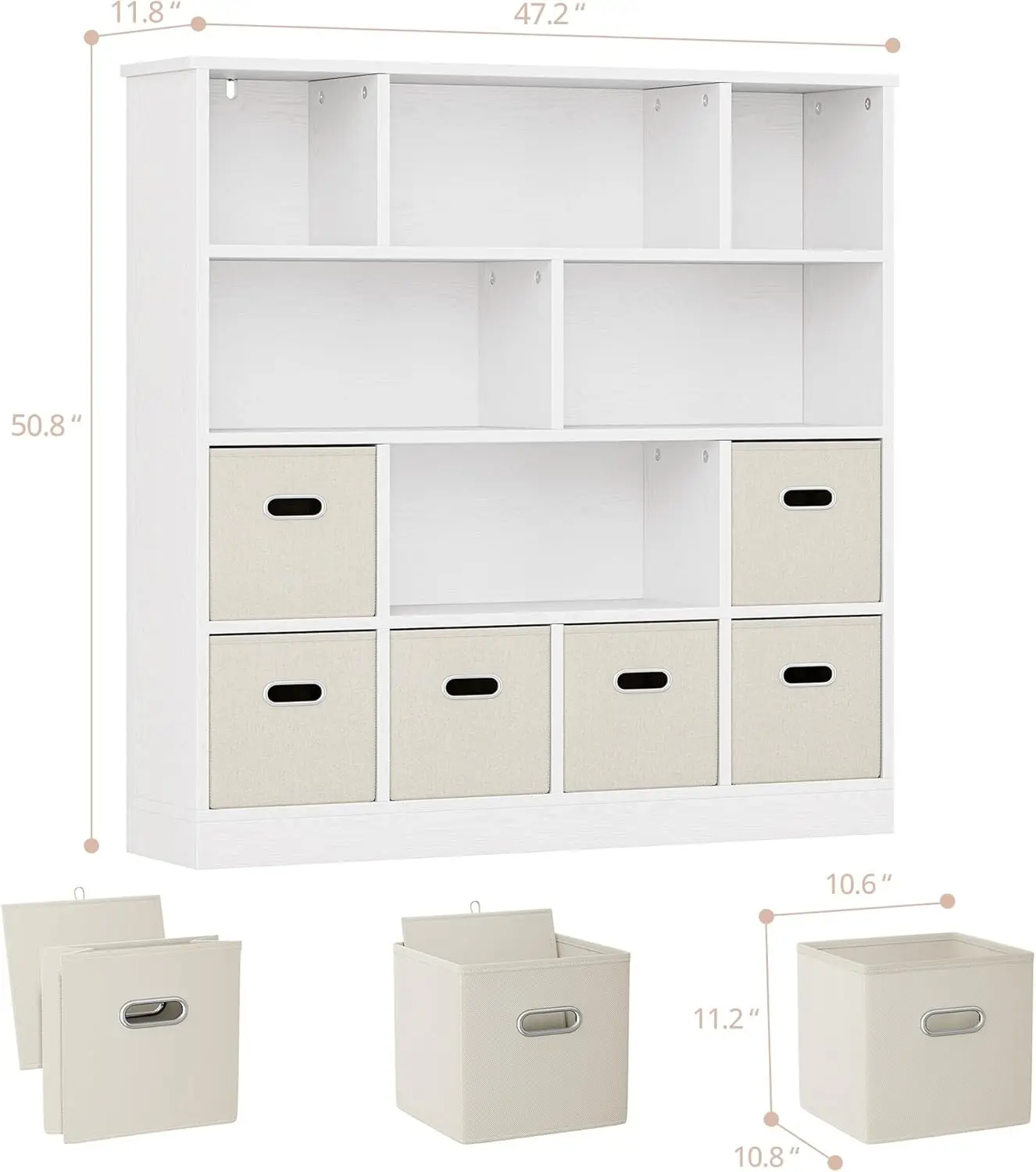 IRONCK Wooden 12-Cube Storage Organizer Shelf with 6 Bins, Toy Storage and Bookshelf, 3-Tier Open Bookcase Cubby for Kids, Beige
