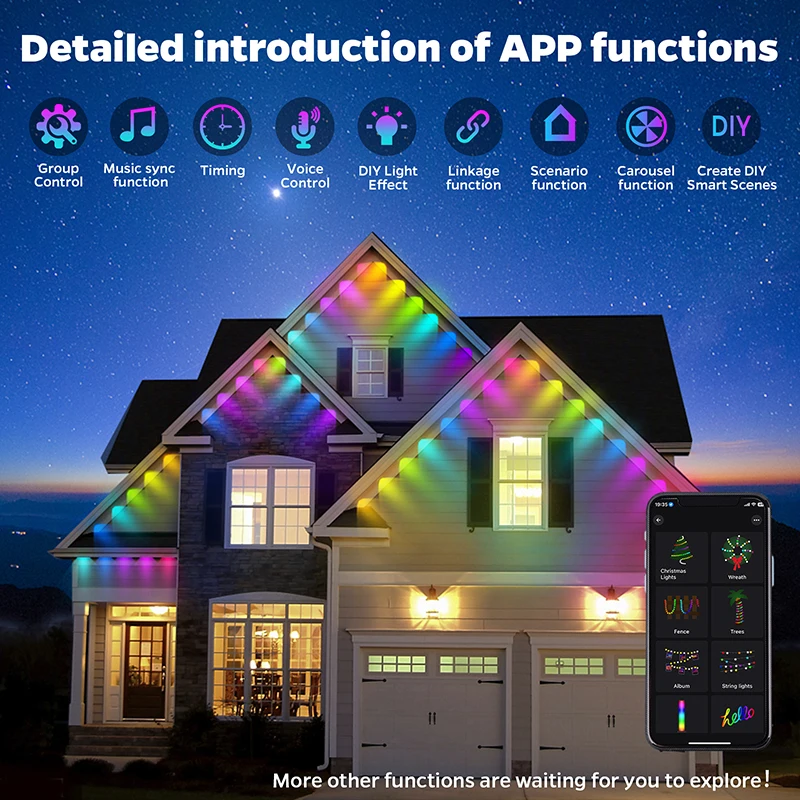 屋外のeavesLEDライト、防水RGBストリングライト、DIYシーン照明、クリスマスホリデーおよび誕生日パーティー照明、60 LED、100フィート