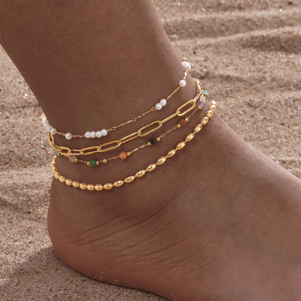Gelang kaki mutiara baja tahan karat untuk wanita, gelang rantai kaki berlapis emas 18k dapat ditumpuk dapat disesuaikan perhiasan pada kaki