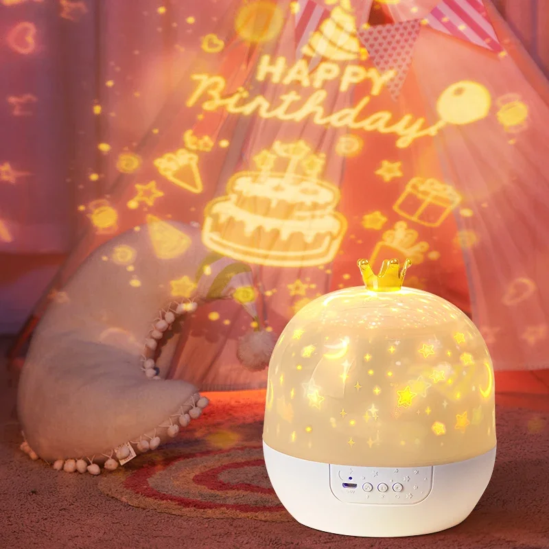 Coroa estrela luz projeção rotativa estrela quarto teto atmosfera noite lâmpada estrelas presente de aniversário das crianças com folhas de filmes