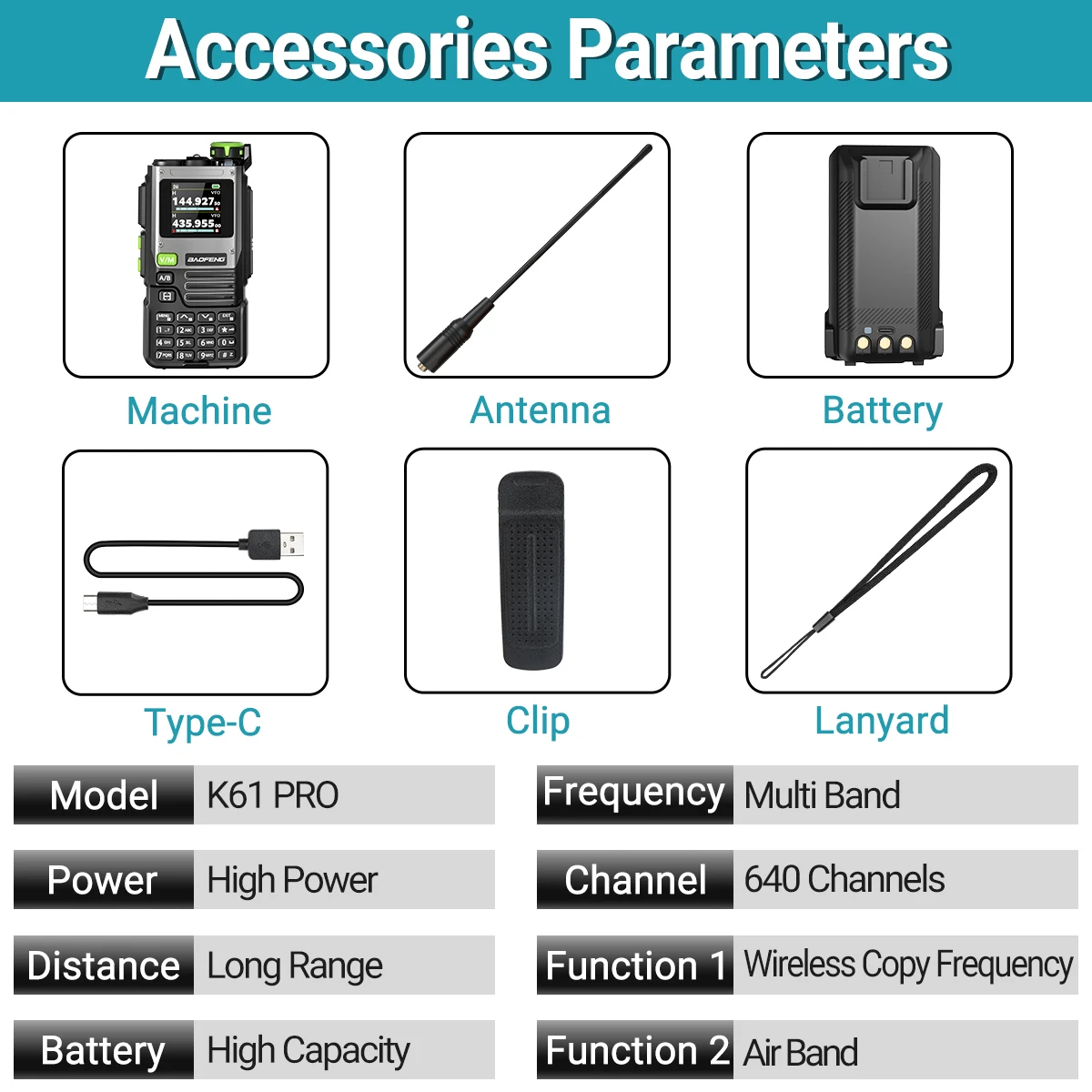 Baofeng K61 PRO Walkie Talkie Multi Band DTMF High Power Wireless Kopierfrequenz Typ-C Verbessertes UV-K6 Amateurfunk Zweiwegradio