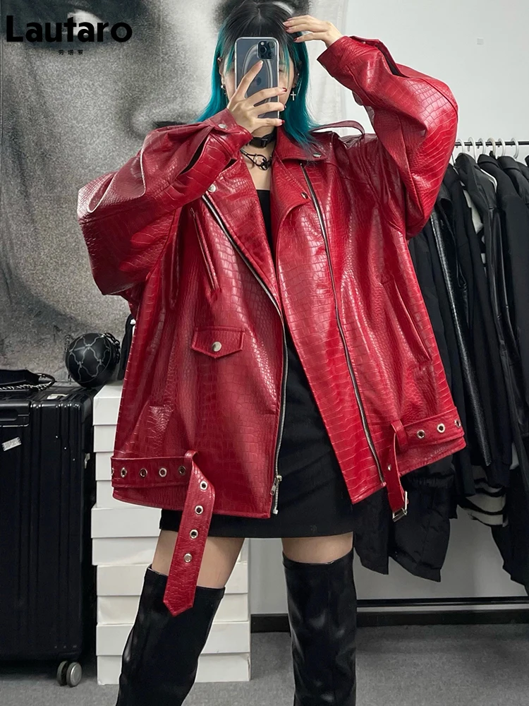 Lautaro-chaqueta de motociclista de cuero con estampado de cocodrilo para mujer, chaqueta de manga larga con cremallera y cinturón, color rojo brillante, primavera y otoño, 2022