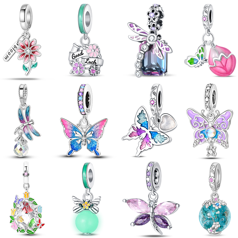 Dijes de la serie Spring de Plata de Ley 925, colgante de mariposa, libélula, Margarita rosa, cuentas aptas para pulseras originales Pan, joyería DIY