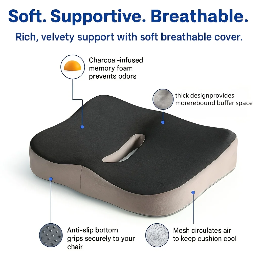 Memory foam seat cushion, with a central groove ergonomic pressure pad