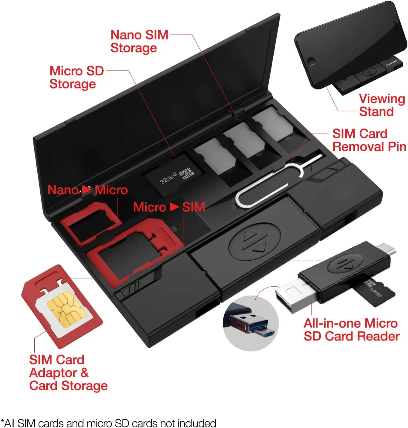 เครื่องอ่านแฟลชการ์ดหน่วยความจํา USB สําหรับ MicroSD TF พร้อมเครื่องอ่าน OTG MicroUSB และ Type-C สําหรับโทรศัพท์ + ซิมการ์ดที่เก็บข้อมูลและขาตั้งโทรศัพท์