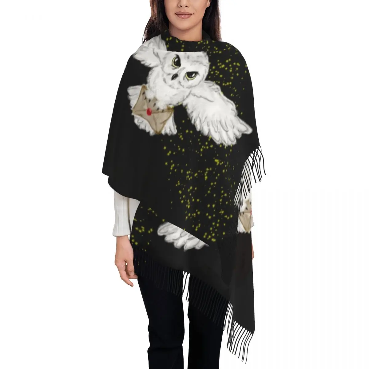 Bufandas mágicas con flecos para mujer, bufanda de lujo con diseño de búho, chal cálido para invierno y otoño