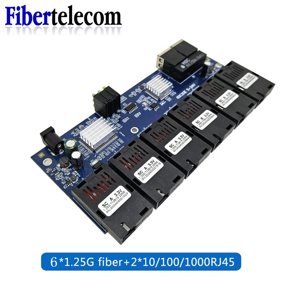 Convertitore switch multimediale in fibra ottica Ethernet 100/1000M Gigabit 6 * Porta in fibra 2 * Porta RJ45 FTTH Switch monomodale Scheda PCBA in fibra