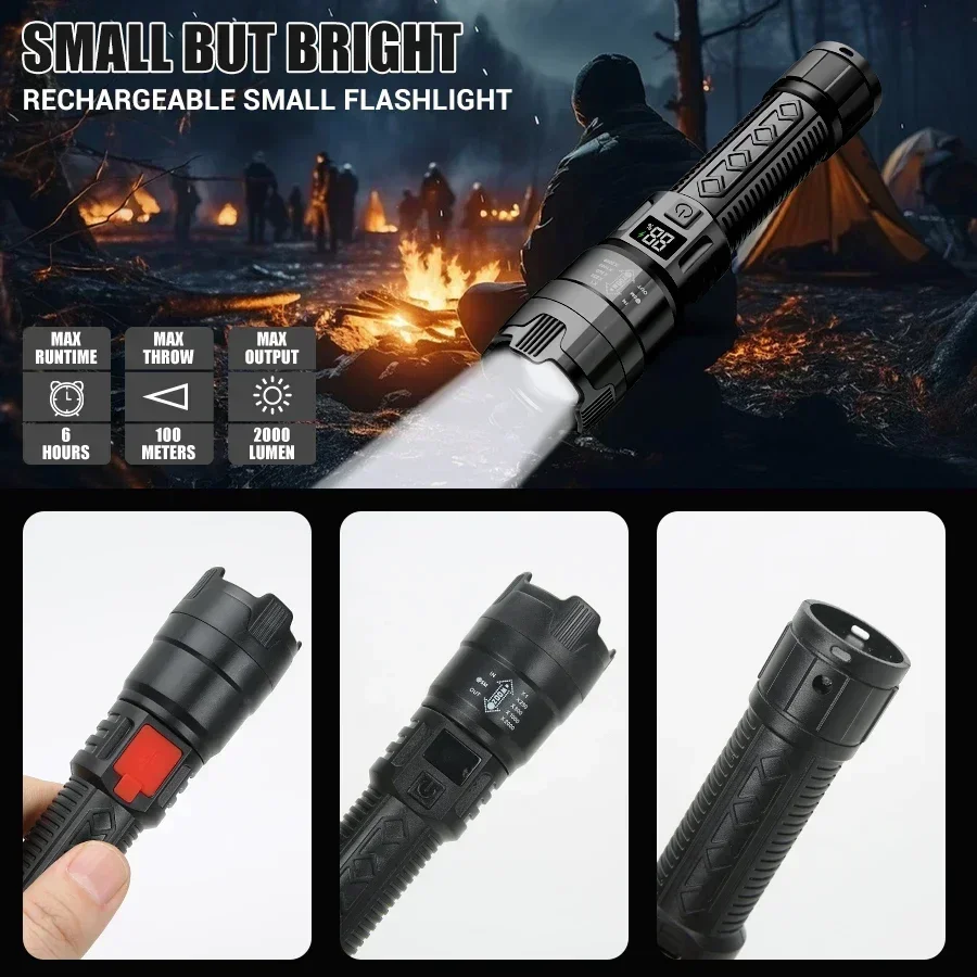 Hochstarke LED-Taschenlampen, 2000 lm, taktische Taschenlampe mit Display-Licht, USB-Aufladung, Camping, Angeln, Notfall-Zoom-Laterne
