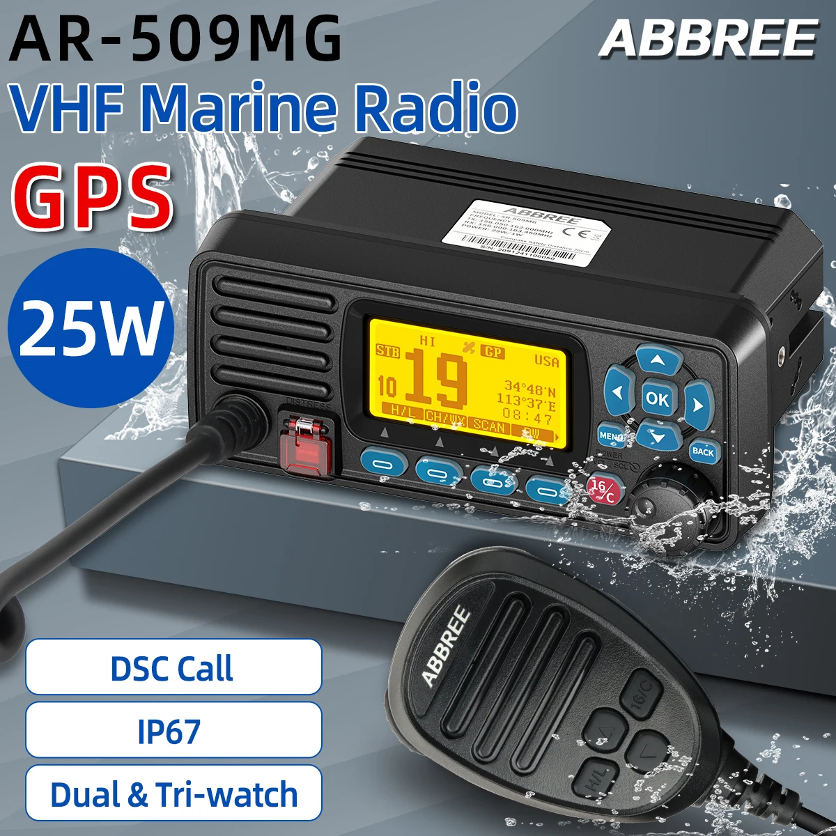 ABBREE AR-509MG VHF-Marine-Radio, fest montiert, 25 W, mit GPS, wasserdicht, IP67, DCS-Anruf, USA/INT/CAN, Marine-Transceiver zum Angeln