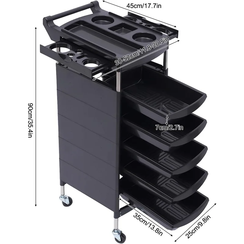 Carrello portaoggetti per parrucchiere Carrello portaoggetti per parrucchiere Carrello portaoggetti per barbiere con ruote rotanti con 5 cassetti 2 supporti per asciugacapelli