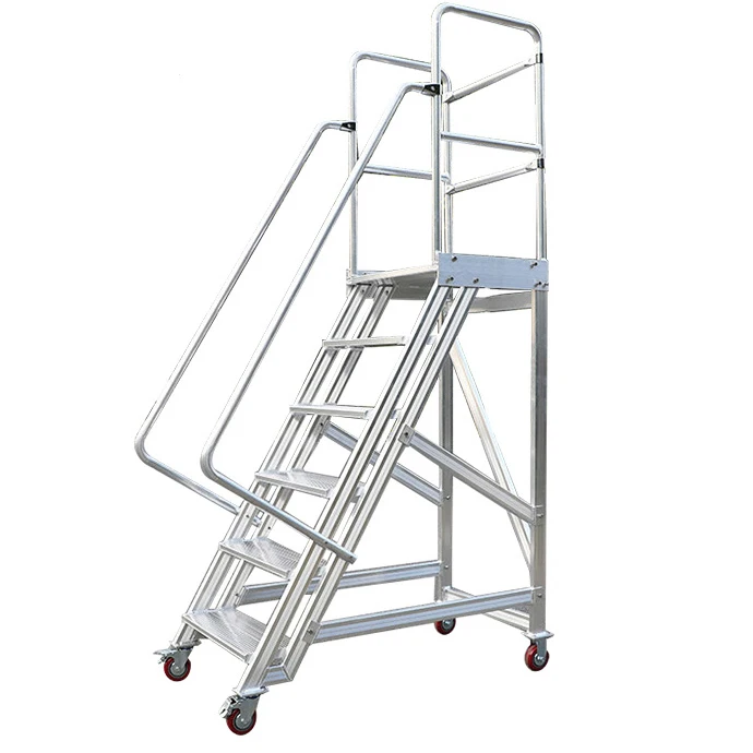 Plataforma móvil de aluminio Pasos Escalera Pasamanos Ruedas de cuatro ruedas Personalizable Almacén Seguridad Rodante Plataforma móvil OEM