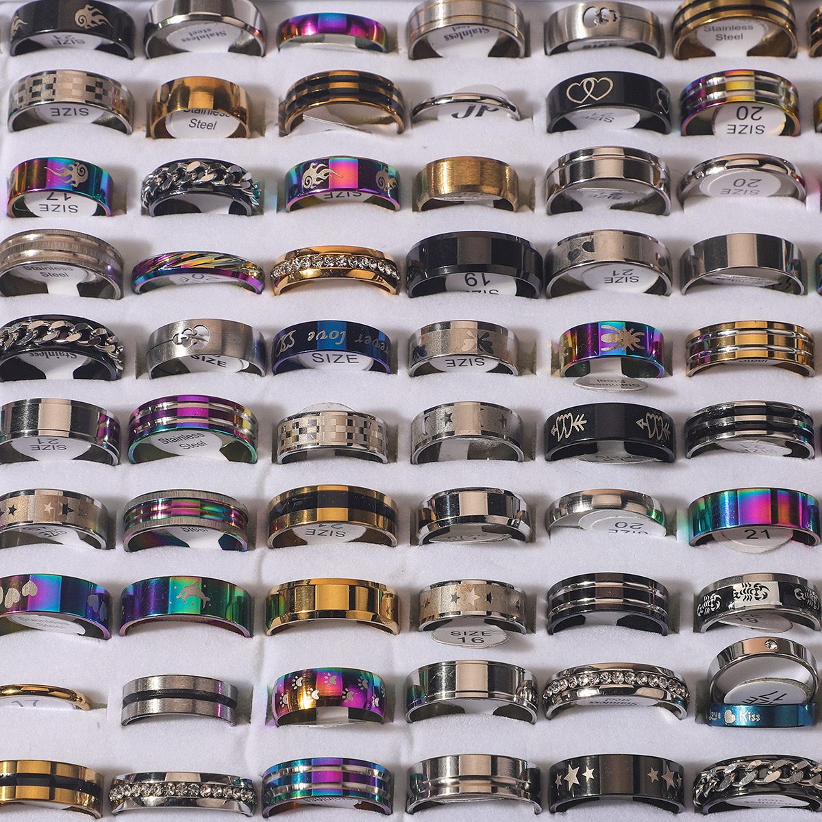 10 ชิ้นโซ่สแตนเลสแหวนคู่ Punk Hip - Hop น้ําเพชร Inlay ผสมรูปแบบแหวนแนวโน้มนิ้วมืออุปกรณ์เสริมเครื่องประดับ