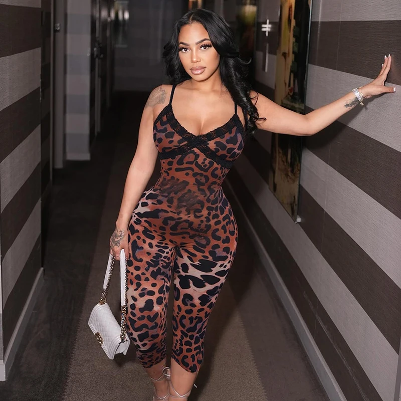 CUTENOVA Neue Frauen Leopard Print Spitze Trim Patchwork Leibchen Overall Bodycon Sieben Punkte Overall Mode Streetwear Strampler