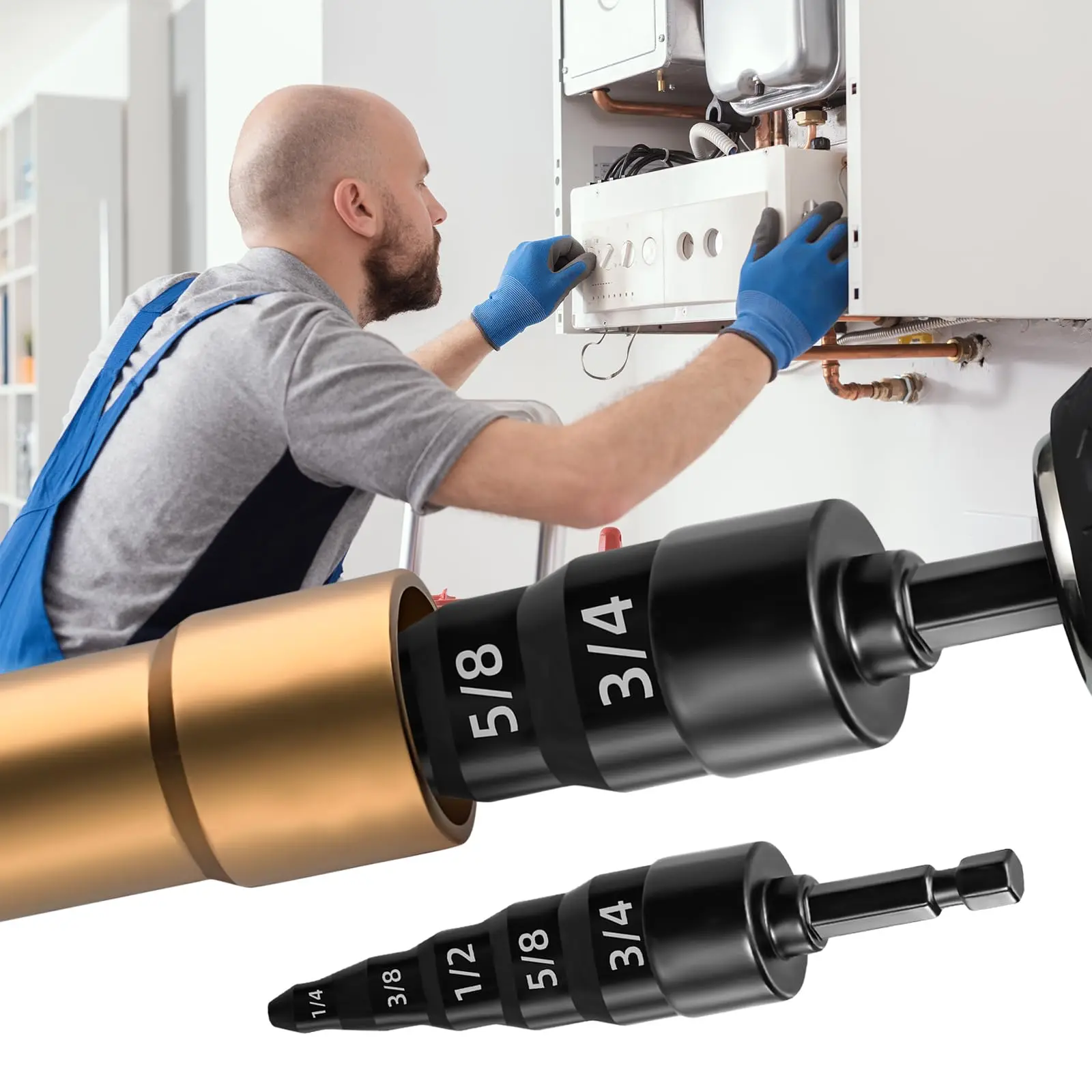 Swaging Tool 5 in 1 Air Conditioner Copper Pipe Expander Swaging Drill Bit Set with Hex Shank, with 1/4, 3/8, 1/2, 5/8, 3/4 Bits