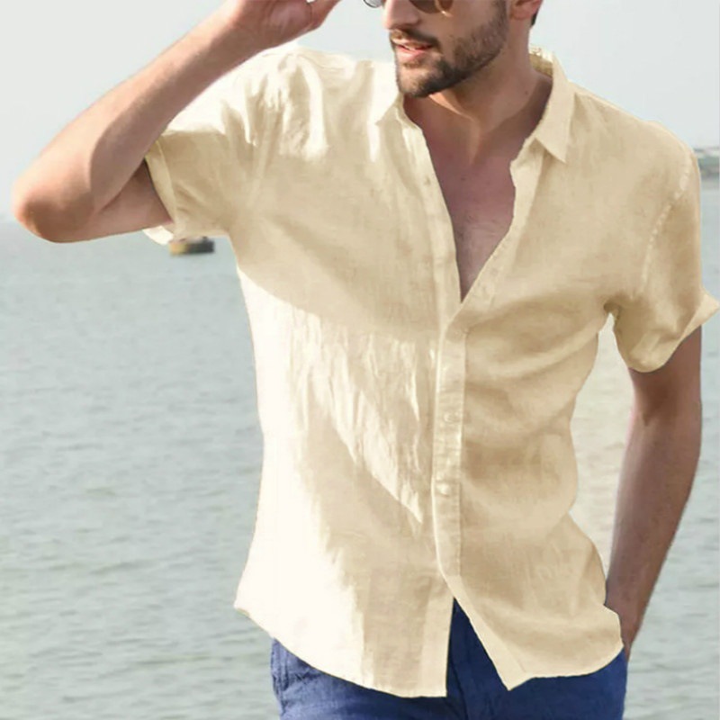 Camicia casual a maniche corte da uomo Street Wear Camicia con bottoni in cotone e lino tinta unita per uomo Camicetta da vacanza vintage M-3XL