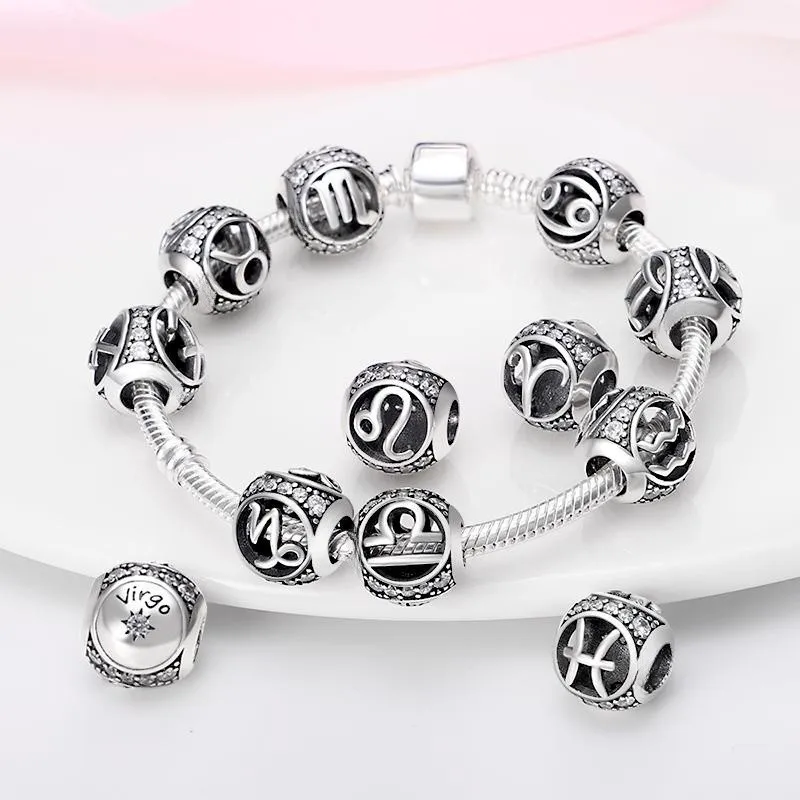 Cuentas redondas originales de plata 925 con doce constelaciones, Leo, Aries, Virgo, compatibles con pulseras Qikaola, regalos de joyería de cumpleaños DIY