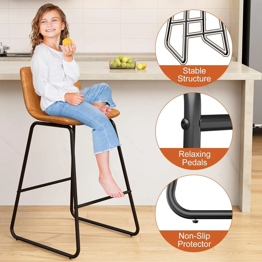 Bar Stools Set of 2, PU Leather Counter Height Bar Stools, 26" Modern Barstools with Metal Legs and Footrest, Urban Armless