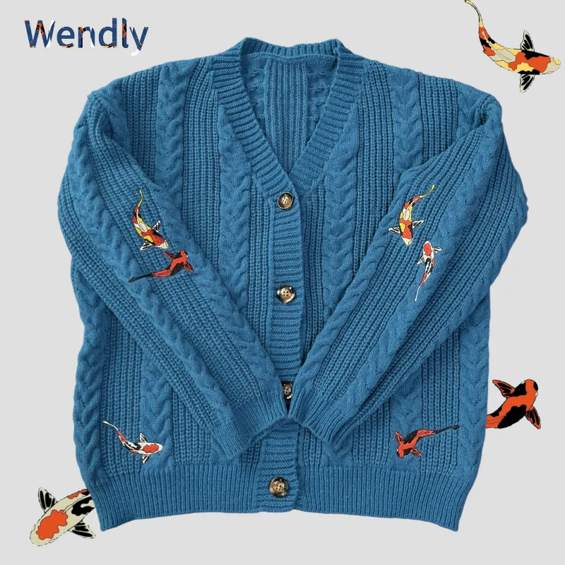 Koi Fisch Strickjacke Frauen Vintage Stil Koi Karpfen Stickerei Pullover Weibliche Herbst Winter Türkis Gestrickte Strickjacken Tops Y2k Mädchen