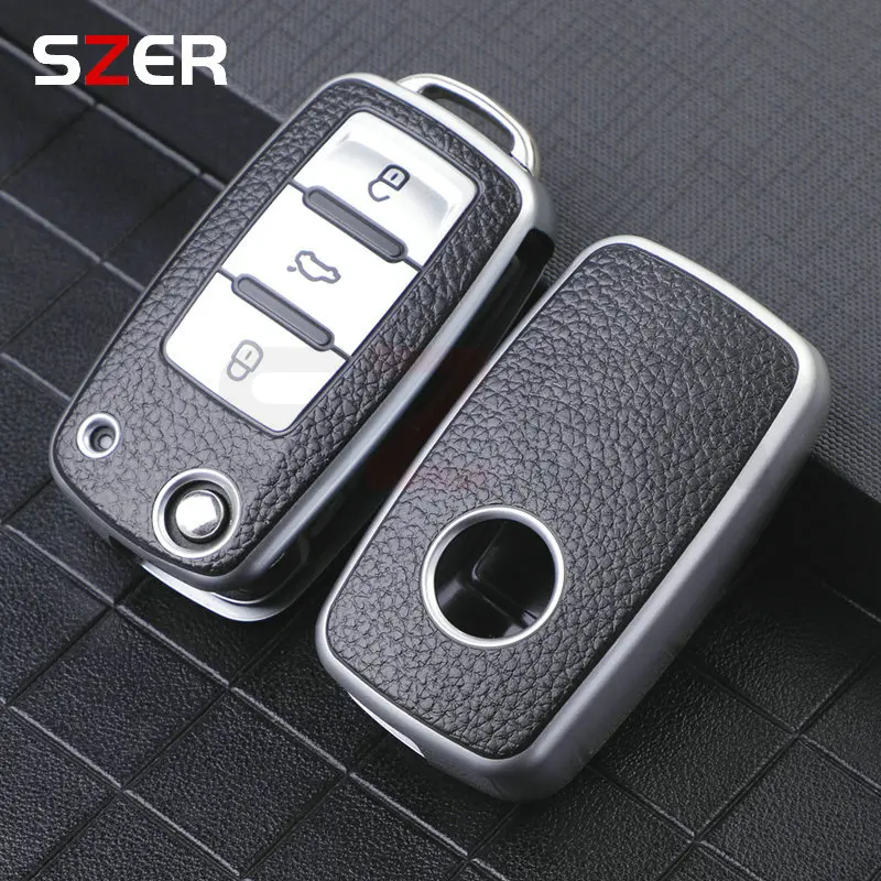 Capa de couro para chave de carro, capa completa, bolsa de proteção para vw volkswagen polo tiguan passat golf jetta lavida skoda octavia