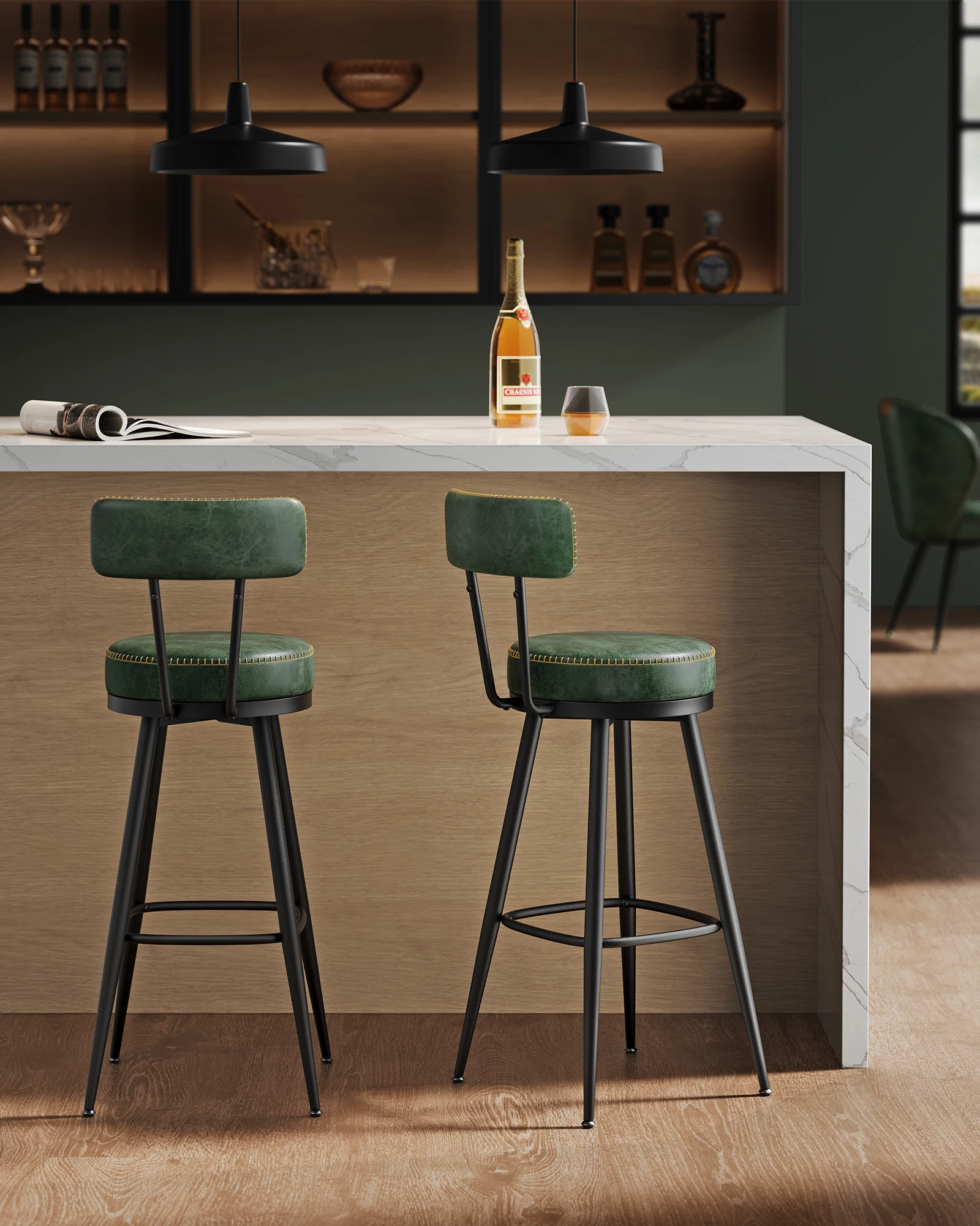 VASAGLE Tabouret de Bar Lot de 2 - Siège Rembourré - Style Moderne Mi-siècle - Vert Forêt