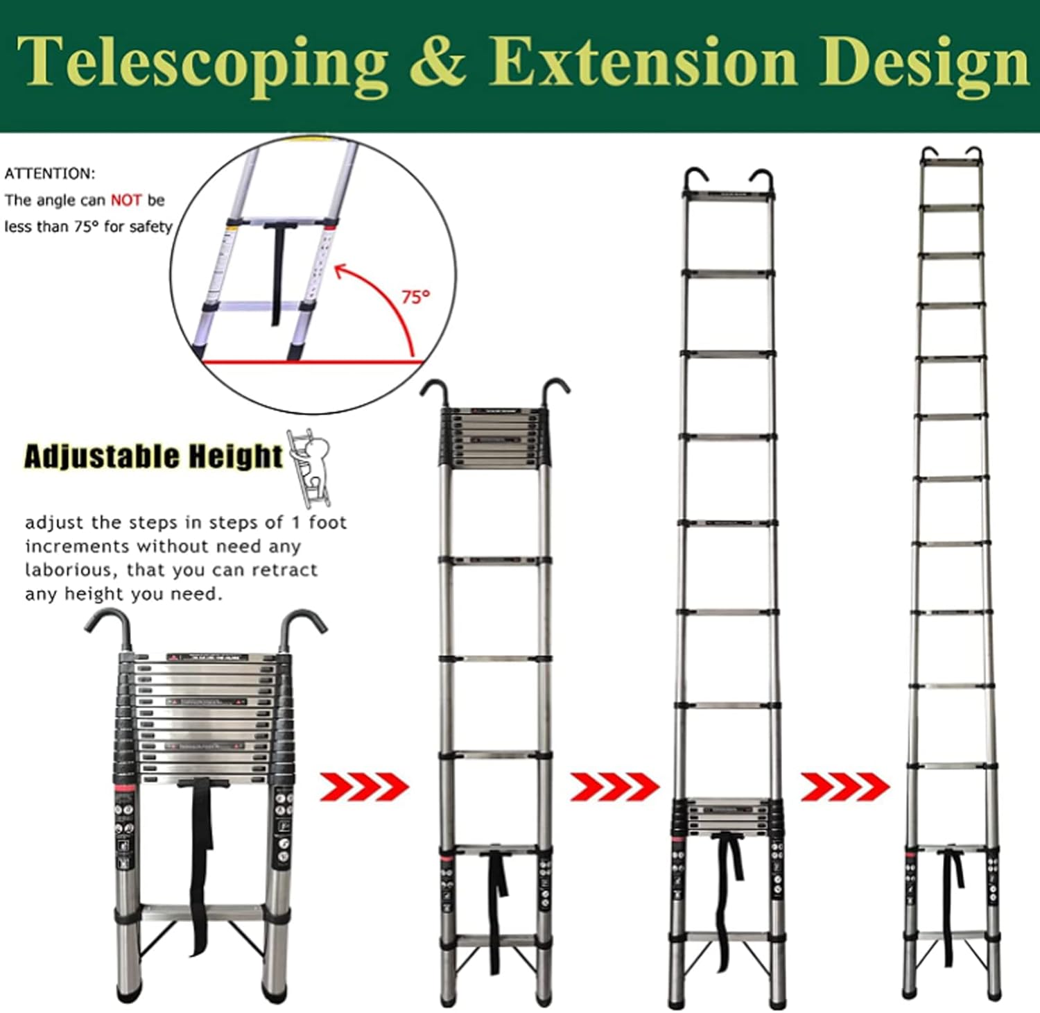 4,4 m/14,4 ft Teleskopleiter mit Haken, Dachbodenleitern aus Edelstahl, 14 Stufen, 330 Pfund Belastung, vielseitig einsetzbar, faltbar und ausziehbar