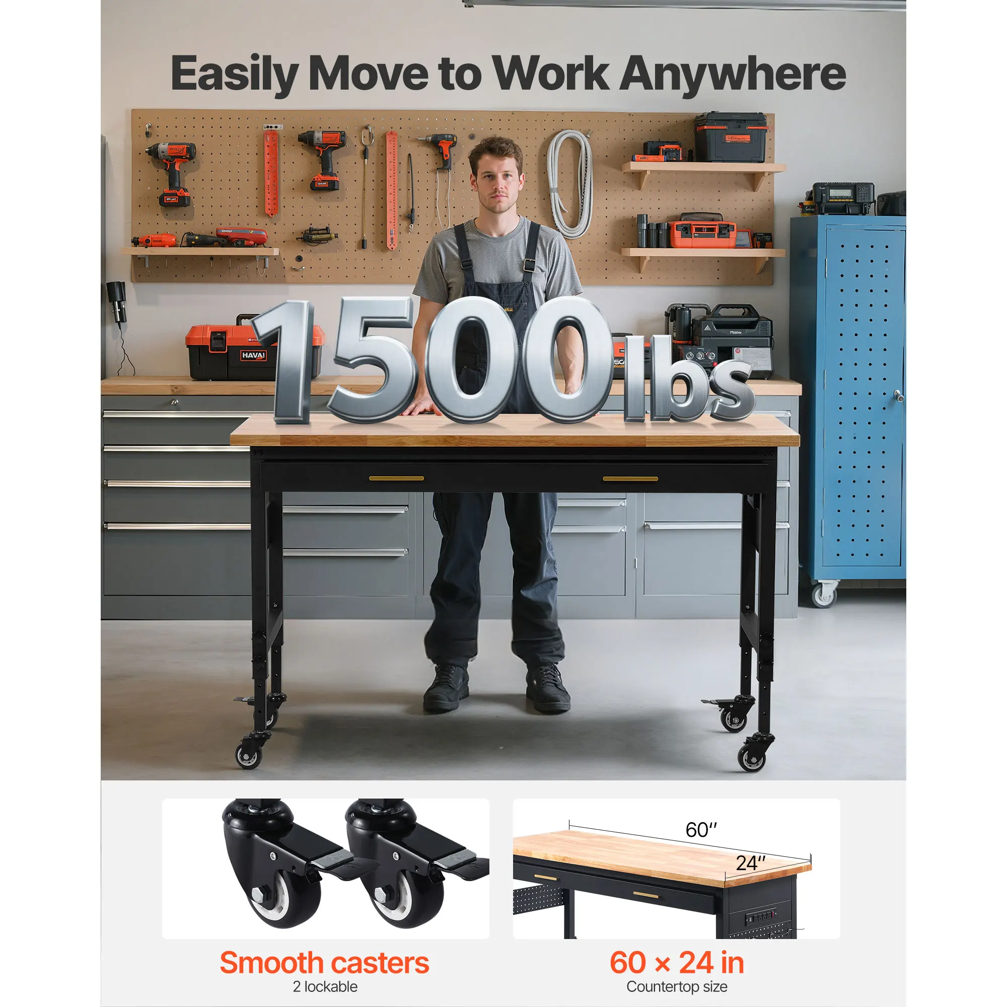 SucceBuy 1500 lbs Adjustable Garage Workbench with Drawer & Pegboard Oak Wood Top Work Table Bench for Workshop Office Working