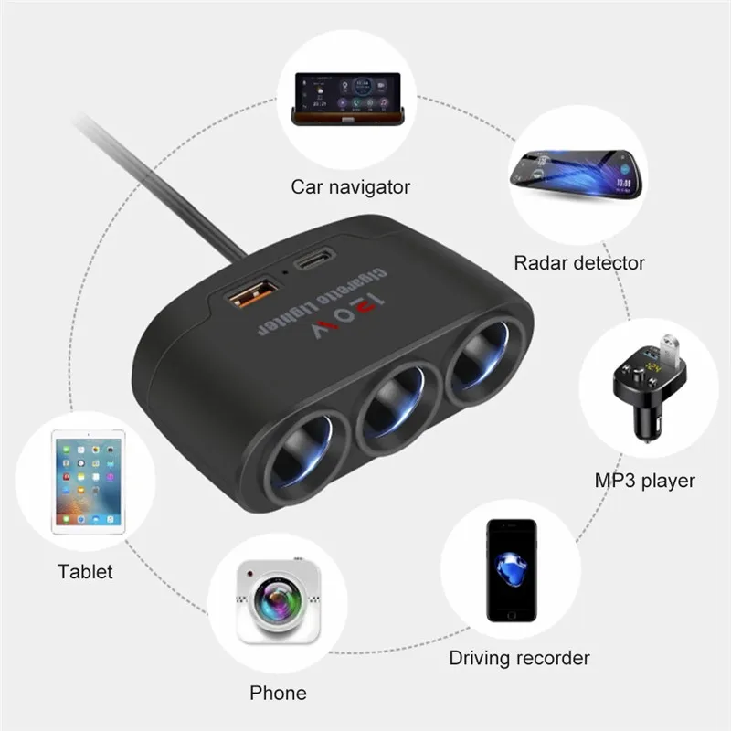 120W Dual USB Socket 3 in 1 Sigarettenaansteker Splitter 12V 24V Snelle Oplader Plug telefoon Power Adapter voor iPhone GPS Dashcam