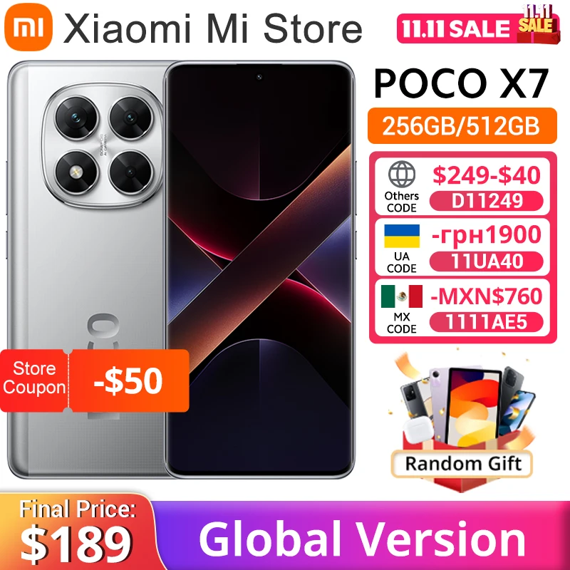 POCO X7 스마트폰 샤오미 HyperOS 50MP 카메라, 글로벌 버전, 치수 7300 울트라 NFC, 6.67 인치, 120Hz AMOLED 디스플레이, 5110mAh, 45W, IP68