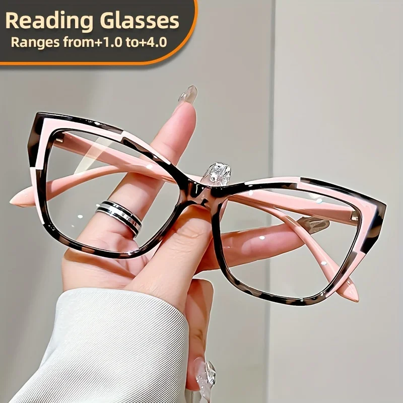 Elegantes gafas de lectura tipo ojo de gato para mujer, diseño moderno de bloques de color, luz anti-azul, fuerza de 1,0 a 4,0