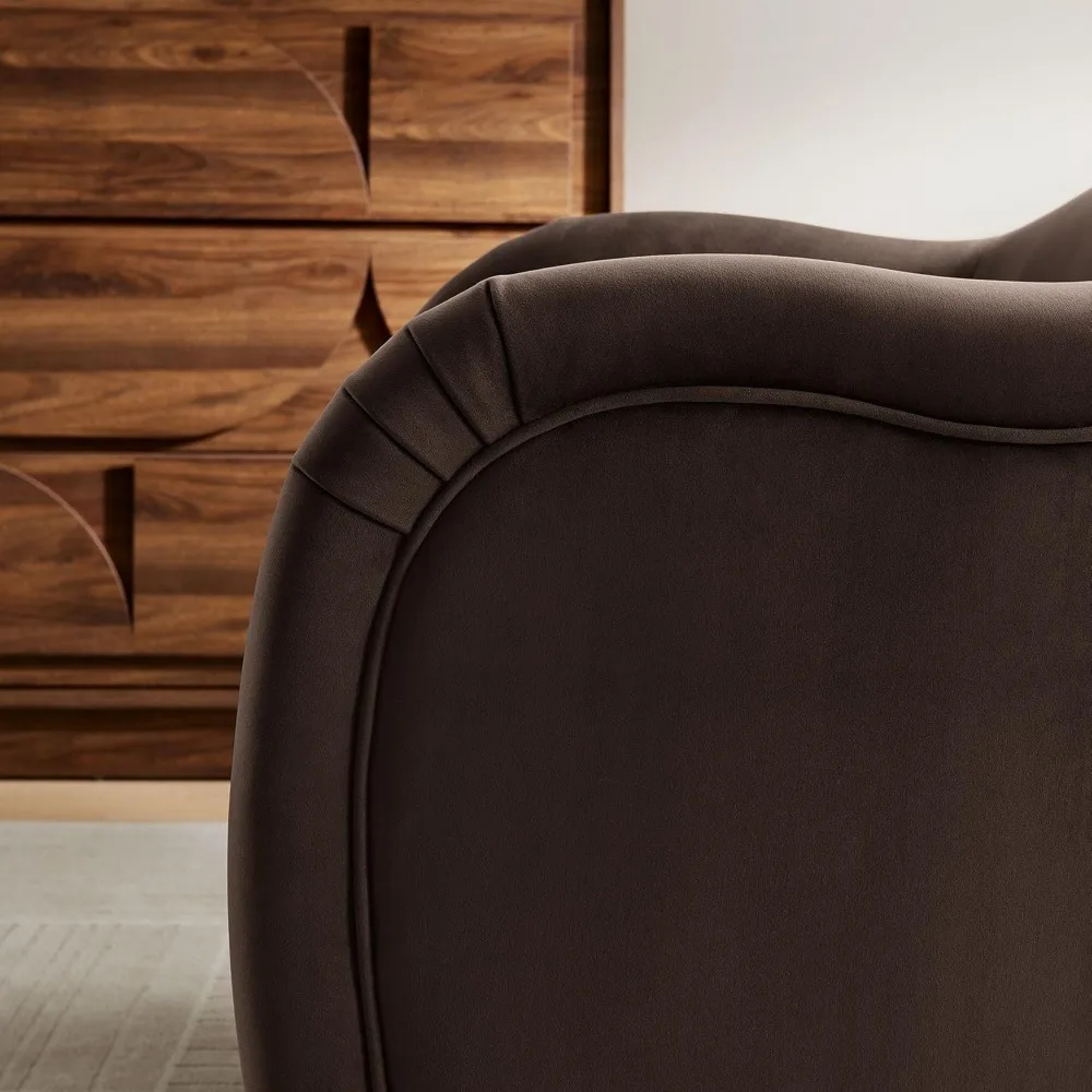 Compose Barrel Chair with Performance Velvet Fabric in Chocolate Brown – Upholstered Accent Armchair with Curved Backrest – Coz
