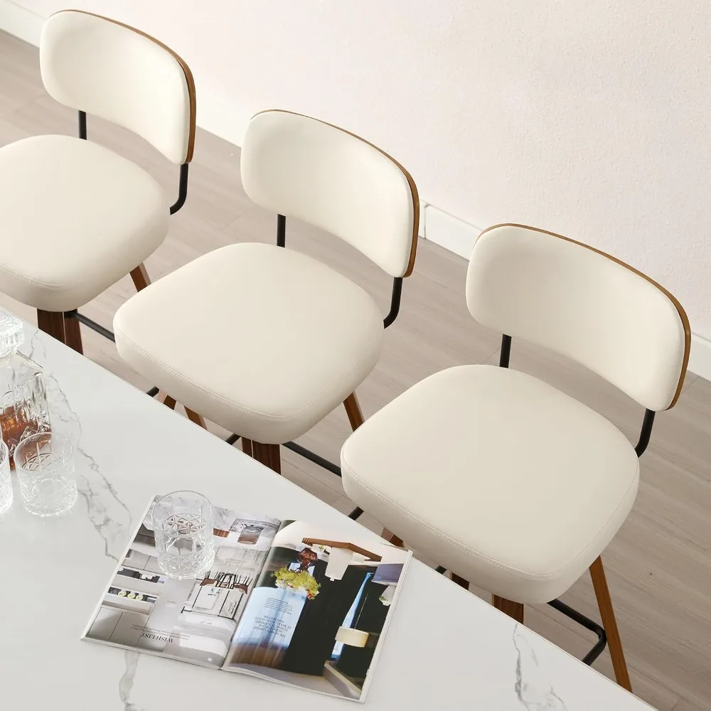Swivel Counter Height Bar Stools Set of 4, 26" Upholstered Faux Leather Barstools with Back and Bent Wood Legs, Mid Century