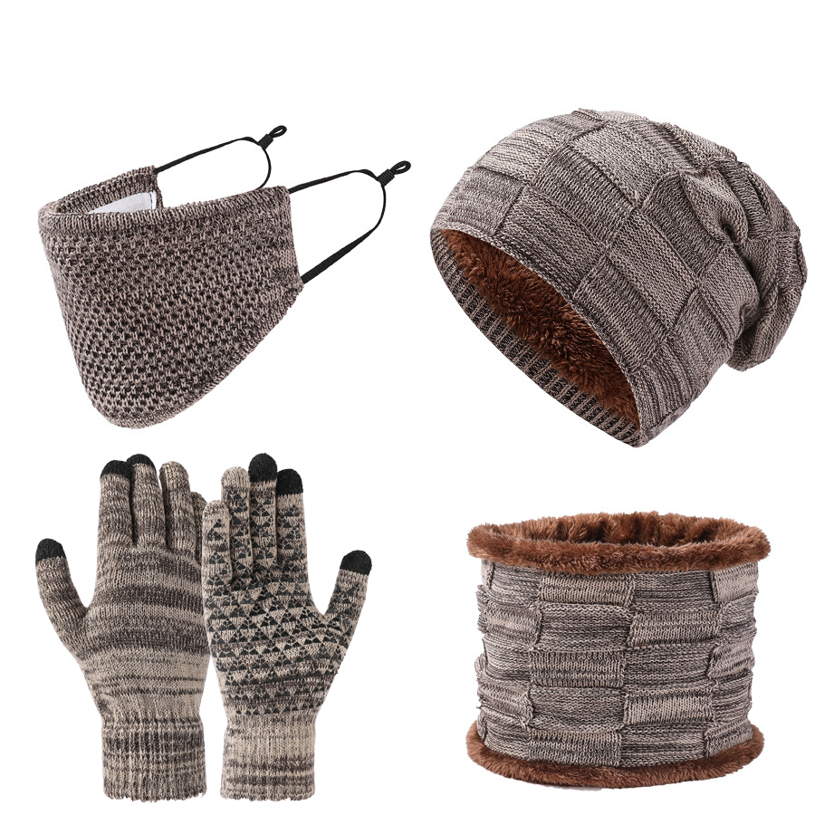 Autumn Winter Men Fleece-Lined Knitted Hat+Scarf+Mask+Gloves 4 Pieces Set Women Soft Thick Warm Multi Piece Set