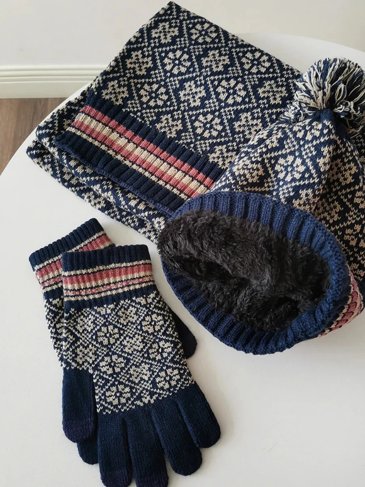 3 uds guantes de bufanda de punto de invierno para mujer conjunto de gorro forrado de lana cómodo suave Casual cálido conjunto de guantes rojos conjunto a prueba de viento al aire libre