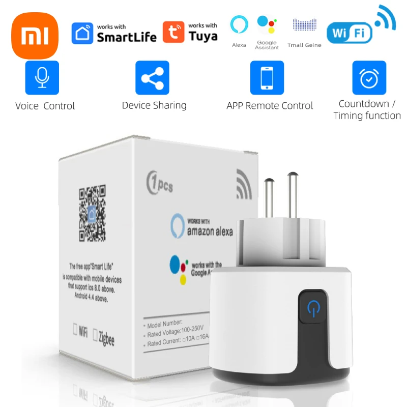 Xiaomi-enchufe inteligente Wifi con temporizador, adaptador europeo, salida Tuya 16A 20A, Monitor de potencia, funciona con el asistente de Google Home Alexa