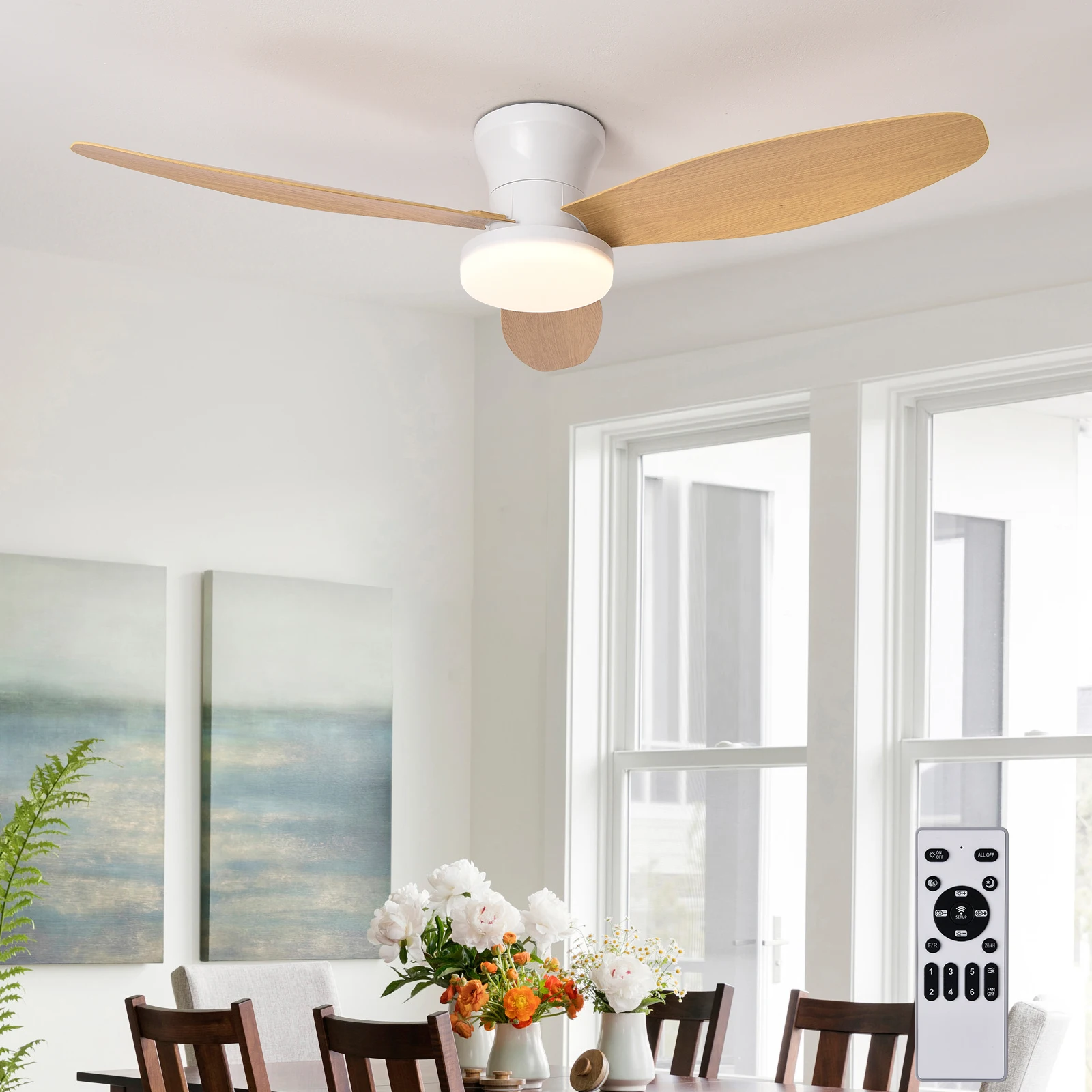 Plafondventilator met licht 3 kleuren, 6 snelheden, timing, plafondventilator met afstandsbediening 3 bladen voor keuken slaapkamer eetkamer