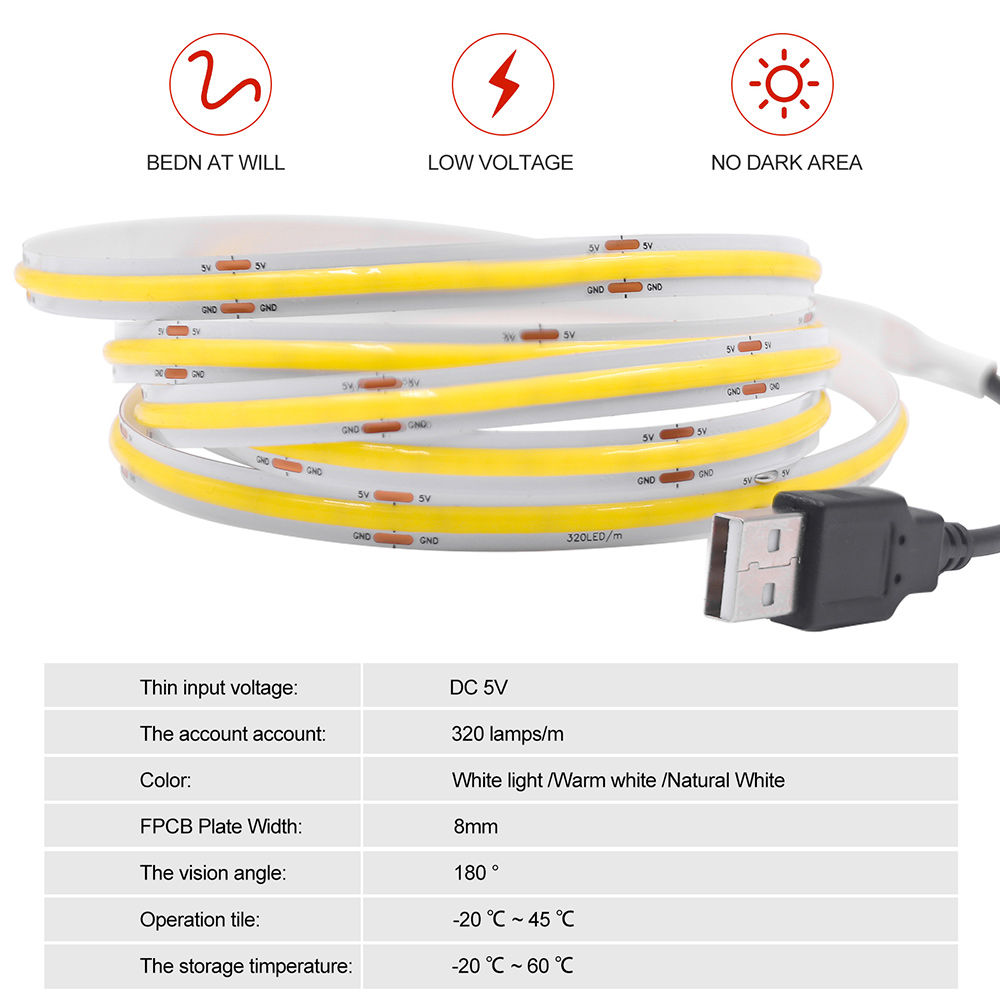 ใหม่ 5V USB COB Strip Light 320 LEDs/M สีขาวธรรมชาติตู้โคมไฟโคมไฟกลางคืนยืดหยุ่น LED ริบบิ้นลาย DC5V TV Backlight