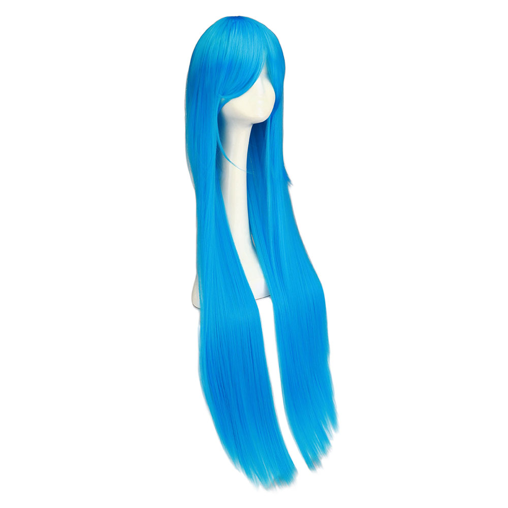 QQXCAIW Cosplay100cm Longo Azul Perucas de Cabelo Sintético Halloween Anime Traje Reta Peruca Resistente ao Calor