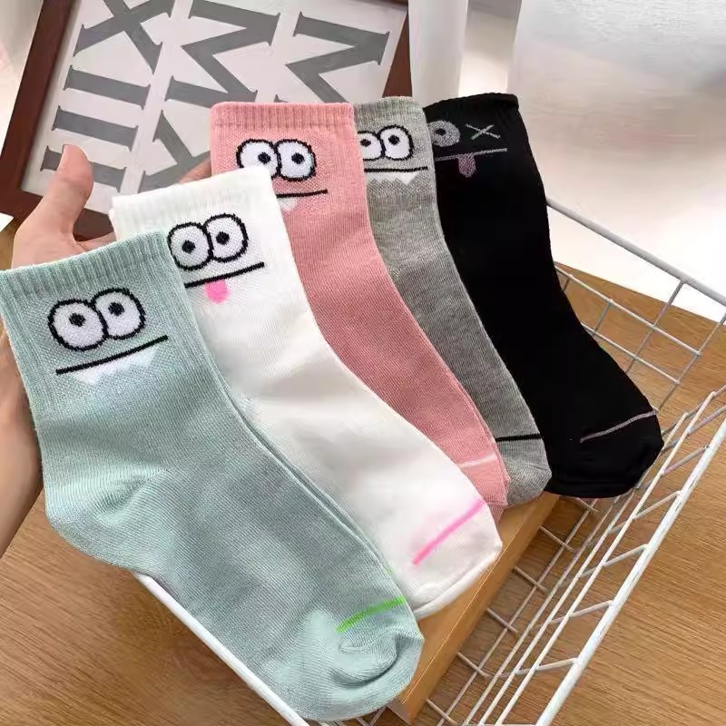 5 paia di calzini alla caviglia stampati con espressione carina da donna Comfort Interessante calzino a tubo medio primavera autunno Calzini corti da ragazza Kawaii