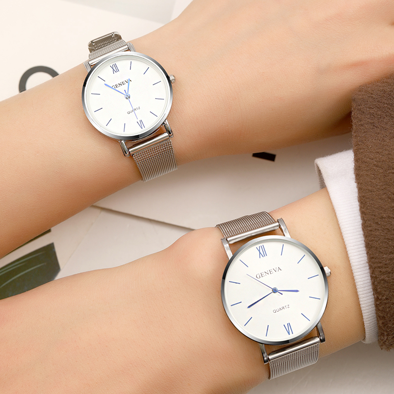 2 pçs conjunto casal moda casual relógios de luxo prata malha cinto relógio de pulso senhoras simples dial quartzo relógios de pulso vestido