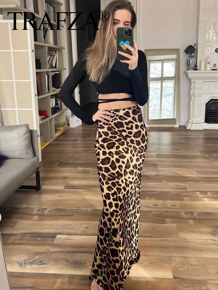 TRAFZA 2024 Damesmode Luipaardprint Rok Vintage Hoge Taille Midi Rokken Elegante Vrouwen Zomer Casual Streetwear Rok