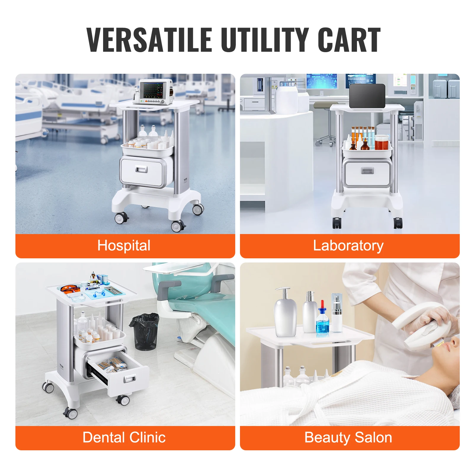 VEVOR 2 Tiers Lab Carts Lab Utility Cart Mobile Medical with ABS Material Lab Rolling Cart for Lab Clinic Hospital Salon