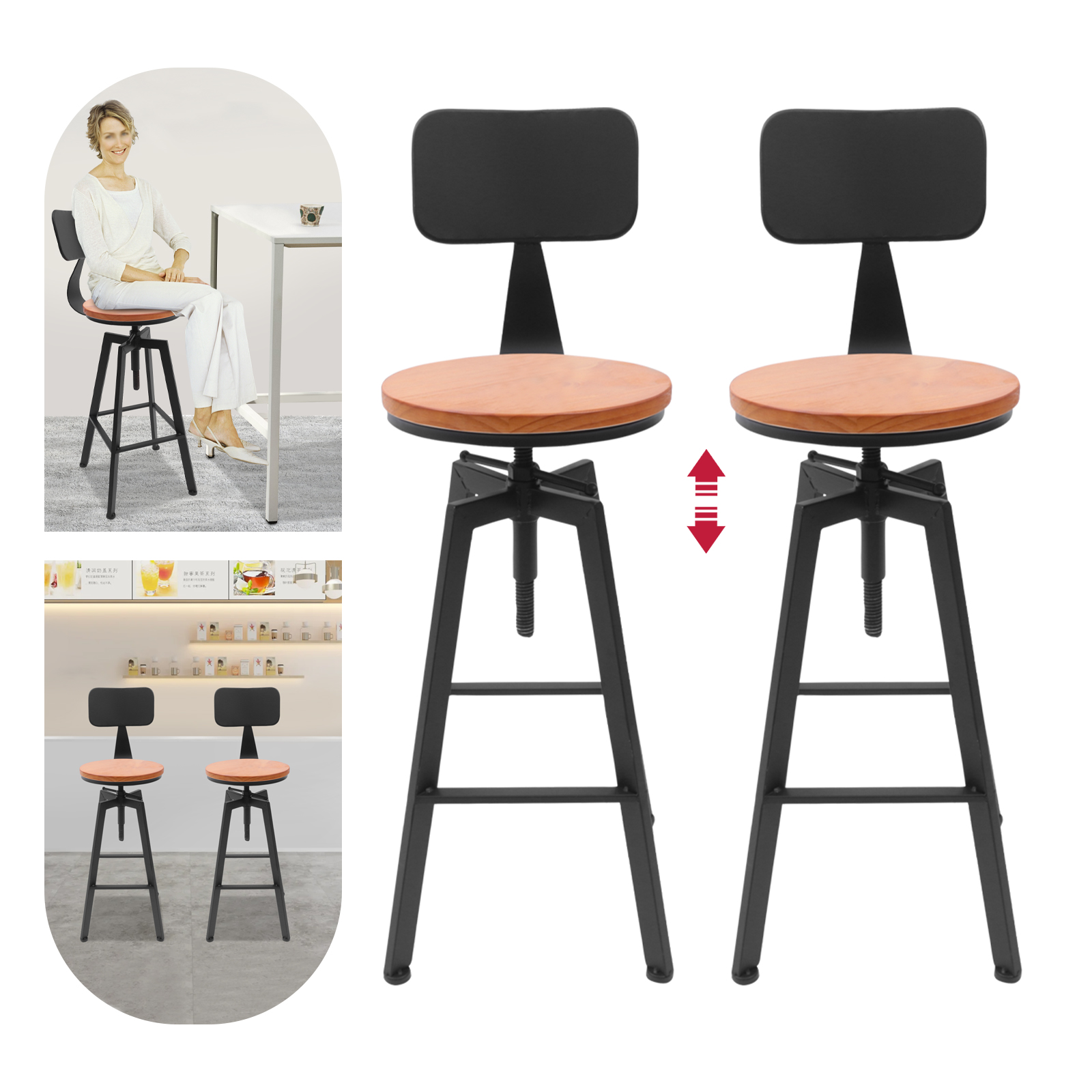 2* Barhocker, höhenverstellbar, starke Struktur, freistehend, hochwertiges Material, Holz und Eisen, bequemer Sitz, Schwarz