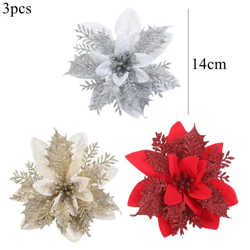 3 Giáng Sinh Hoa Đỏ Vàng Bling Đầu Hoa Cho Noel Nhà Trang Trí Cây Navidad Đảng Đặt Bàn Trang Trí Vật Dụng