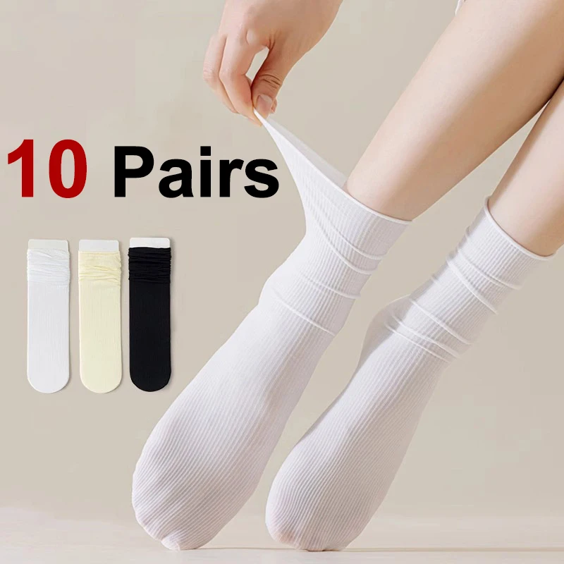 10 pares de calcetines de longitud media para mujer, calcetines informales transpirables, suaves, cómodos, ligeros, versátiles, a la moda, en blanco y negro, colores sólidos
