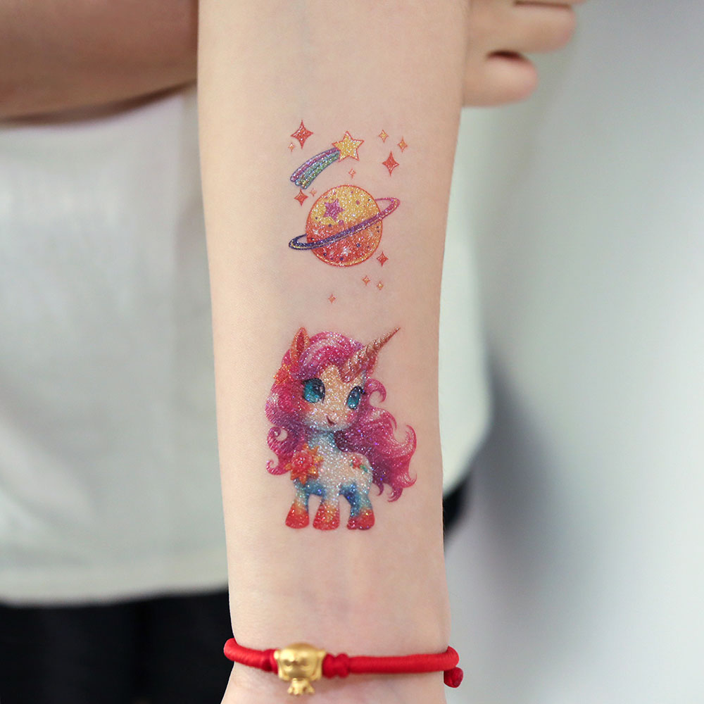 12 Uds. Tatuajes temporales impermeables de unicornio y sirena con purpurina para niños, tatuaje de dibujos animados con Flash de arcoíris para niños, tatuaje falso corporal