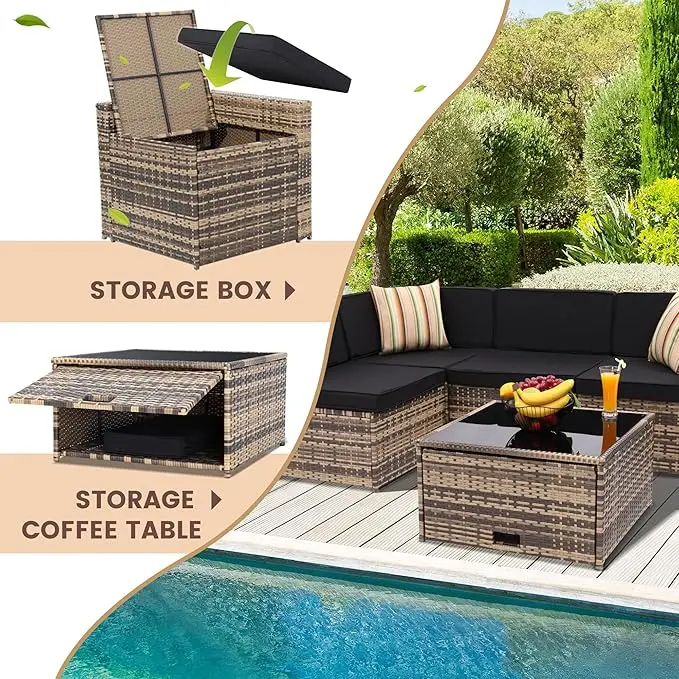 8 Pieces Outdoor Wicker Rattan Patio Furniture Sectional Set, Glass Top Table with Hidden Storage, 7 Sofa Sections, Oversized Cu
